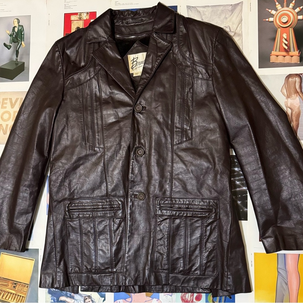 SOLD!! VTG 80s Bermans Mahogany 3 Button Leather Jacket Removable Plaid Liner 42